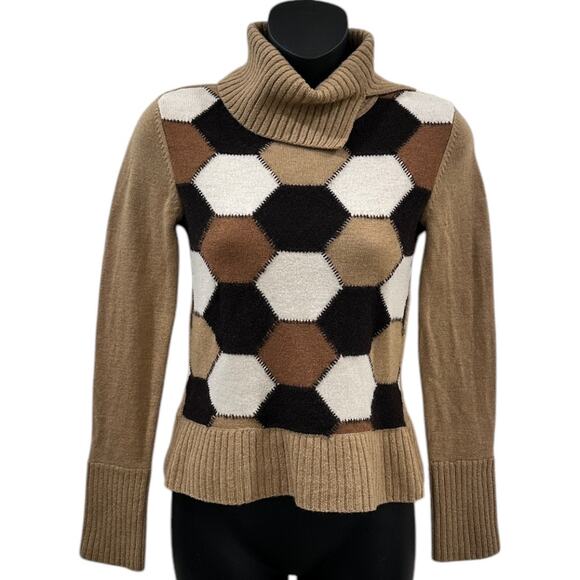 90s Kenneth Cole Wool Tortoise Patchwork Turtleneck Sweater - Picture 4 of 7